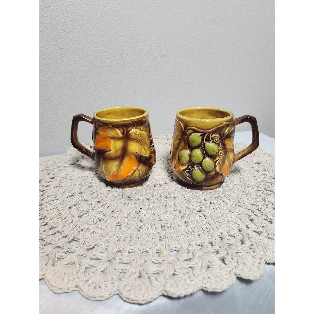 Vintage Ceramic Grape Cluster Centerpiece Pot and Matching Mug Set Amber Gold